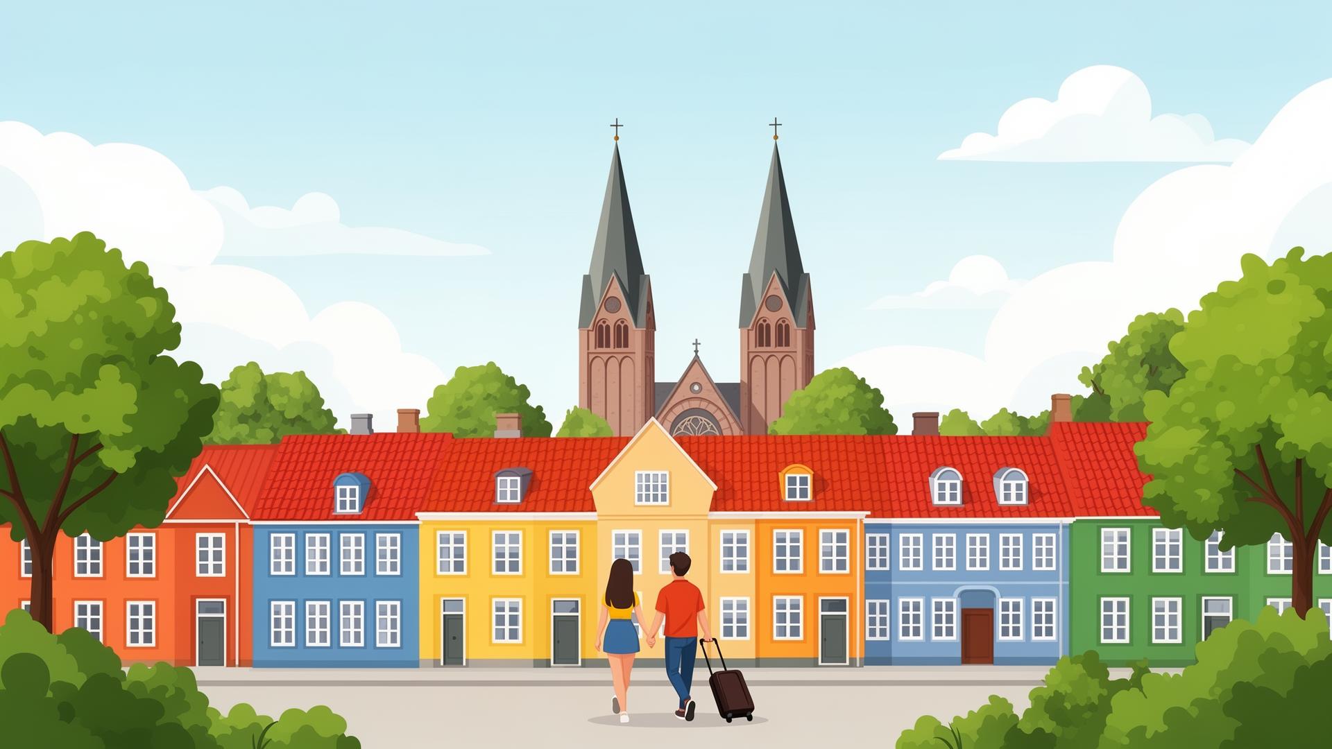 Farverige huse i Roskilde med domkirken i baggrunden